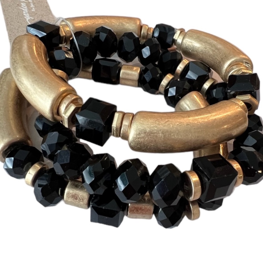 Three Strand Black & Gold Beaded Bracelet NWT